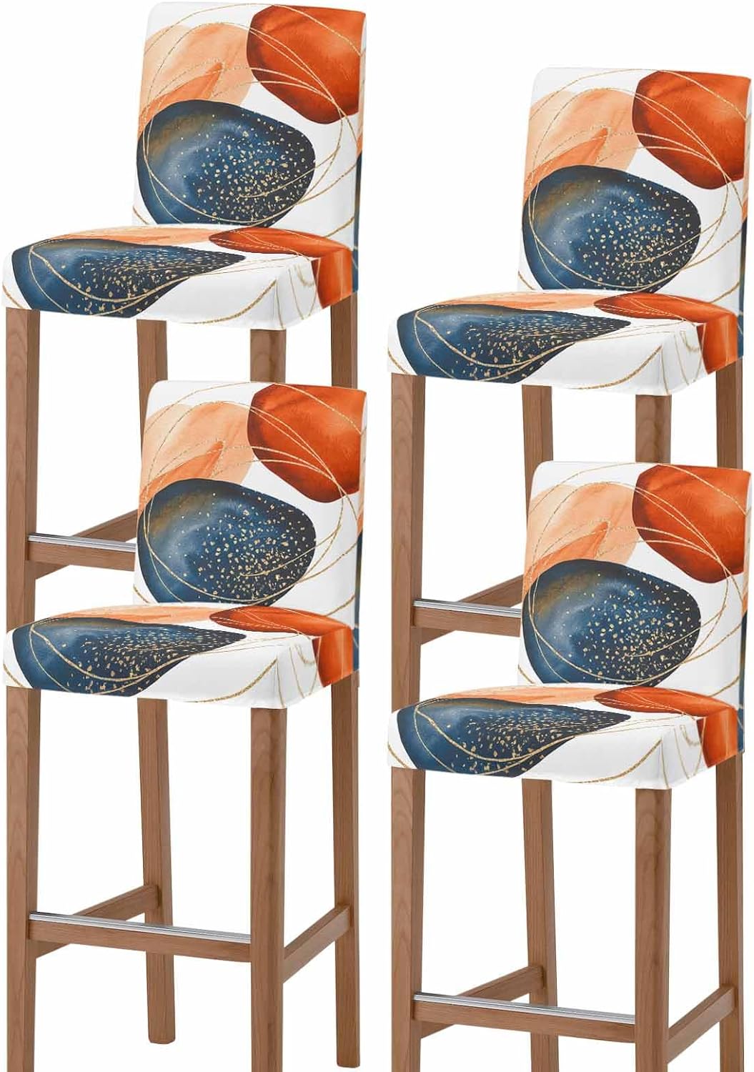 Boho Geometric Bar Stool Covers Set of 4, Orange Blue Abstract Patterned Gold Stripes Stretch Washable Bar Chair Covers with Backs, Removable Pub Counter Chair Cover for Kitchen Dining Room Cafe