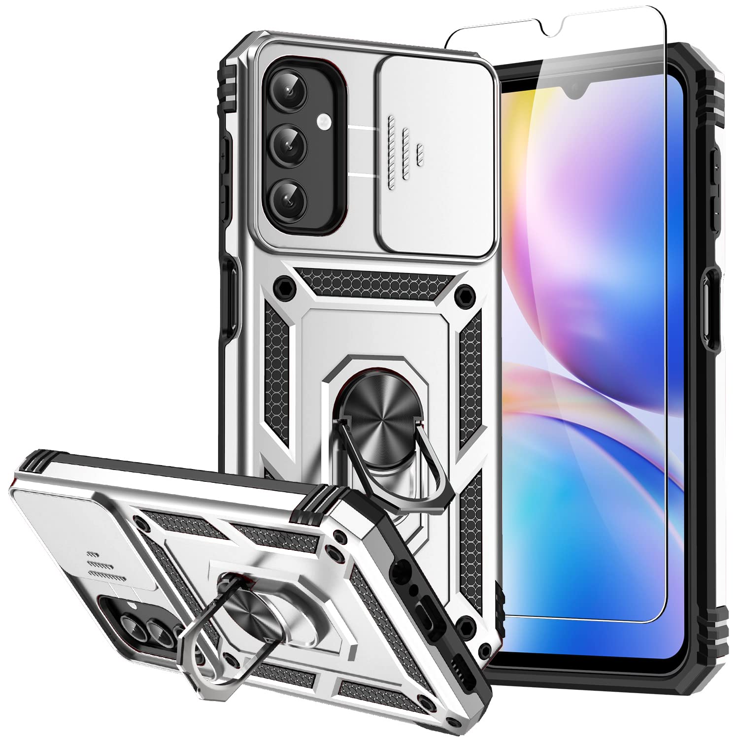 for Samsung Galaxy A14 5G Case,Galaxy A14 5G Case,with Screen Protectors and Camera Cover,[Military Grade] 16ft.Drop Tested Cover with Magnetic Kickstand Protective Case for Samsung A14 5G, Silver