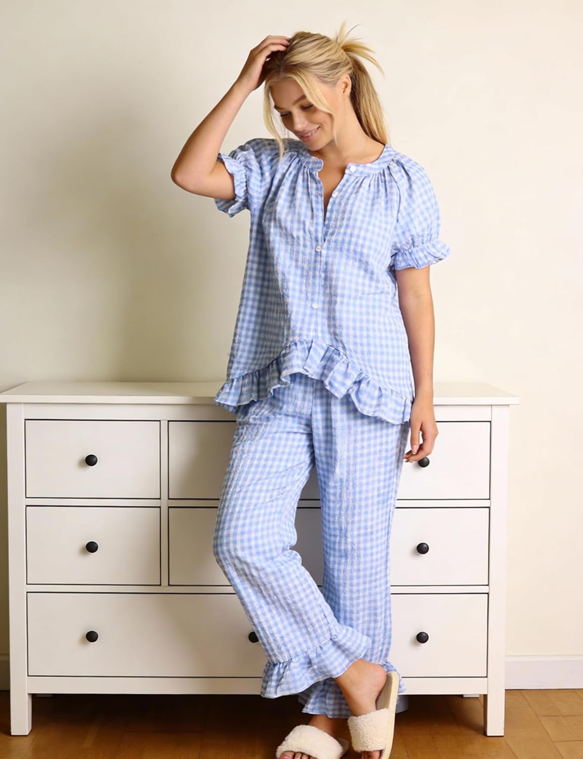 EPLAZA Women's Gingham Pajama Set 2-Piece Short-Sleeve Long Pants Cotton-blend Plaid Ruffled Pajama Set Sleepwear Lounge Sets - Image 3