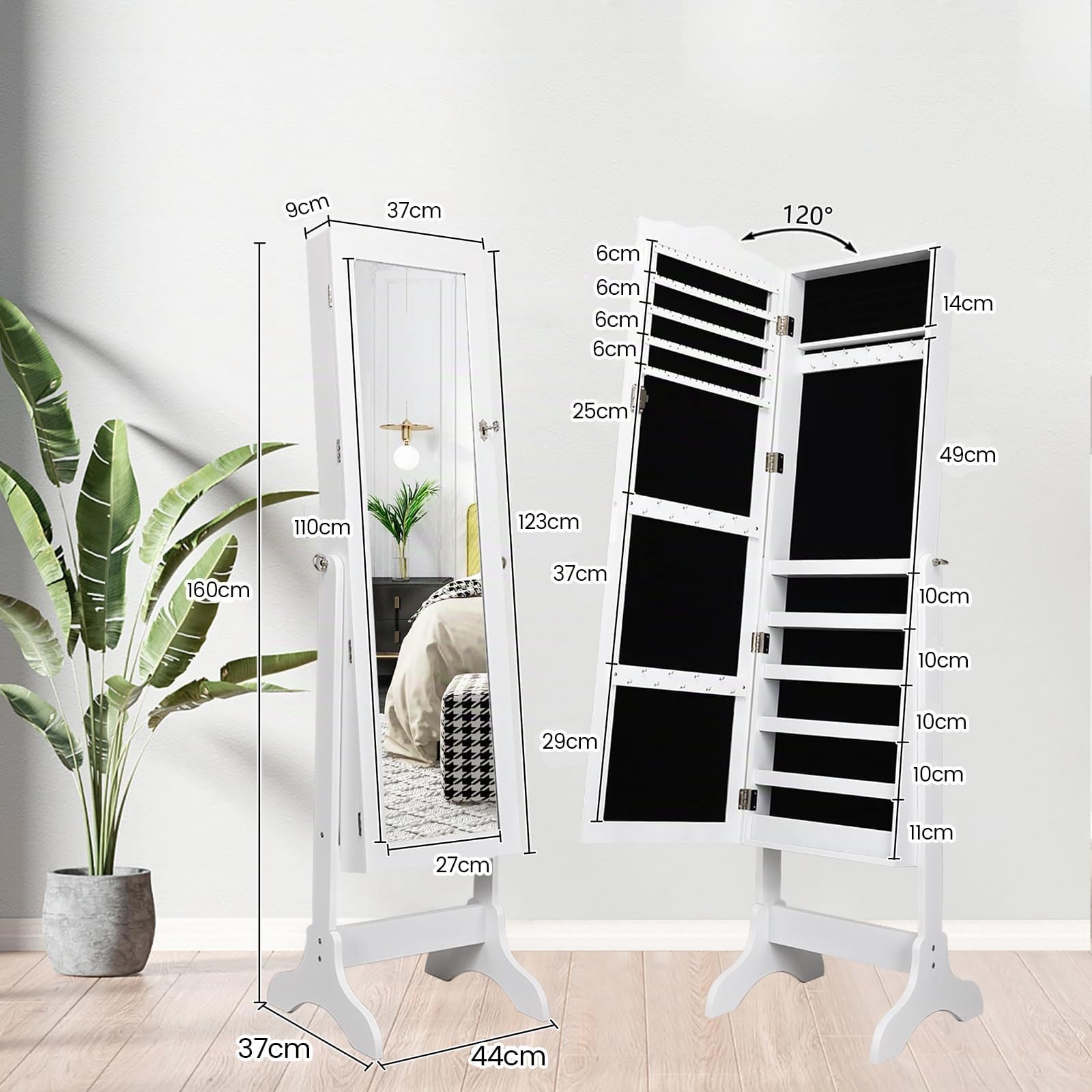 COSTWAY Armario Espejo para Joyas con Inclinación Ajustable Gabinete para Joyería con Cerradura Espejo de Pie Organizador para Anillos Cadena y Pendientes (Blanco)