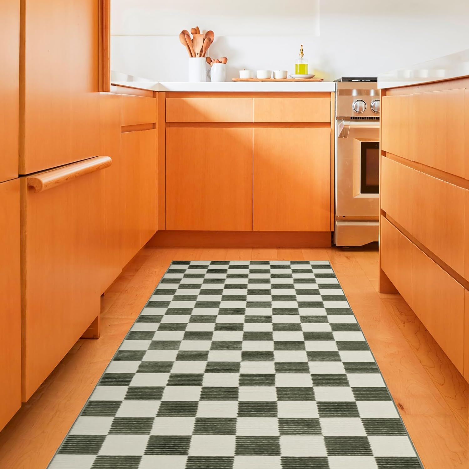 Revival Rugs Gambit 2'7"x9' Checkered Rug Machine Washable Runner Rug for Hallway Entryway - 100% Recycled Oeko-TEX Certified, Medium Pile, Green, Beige