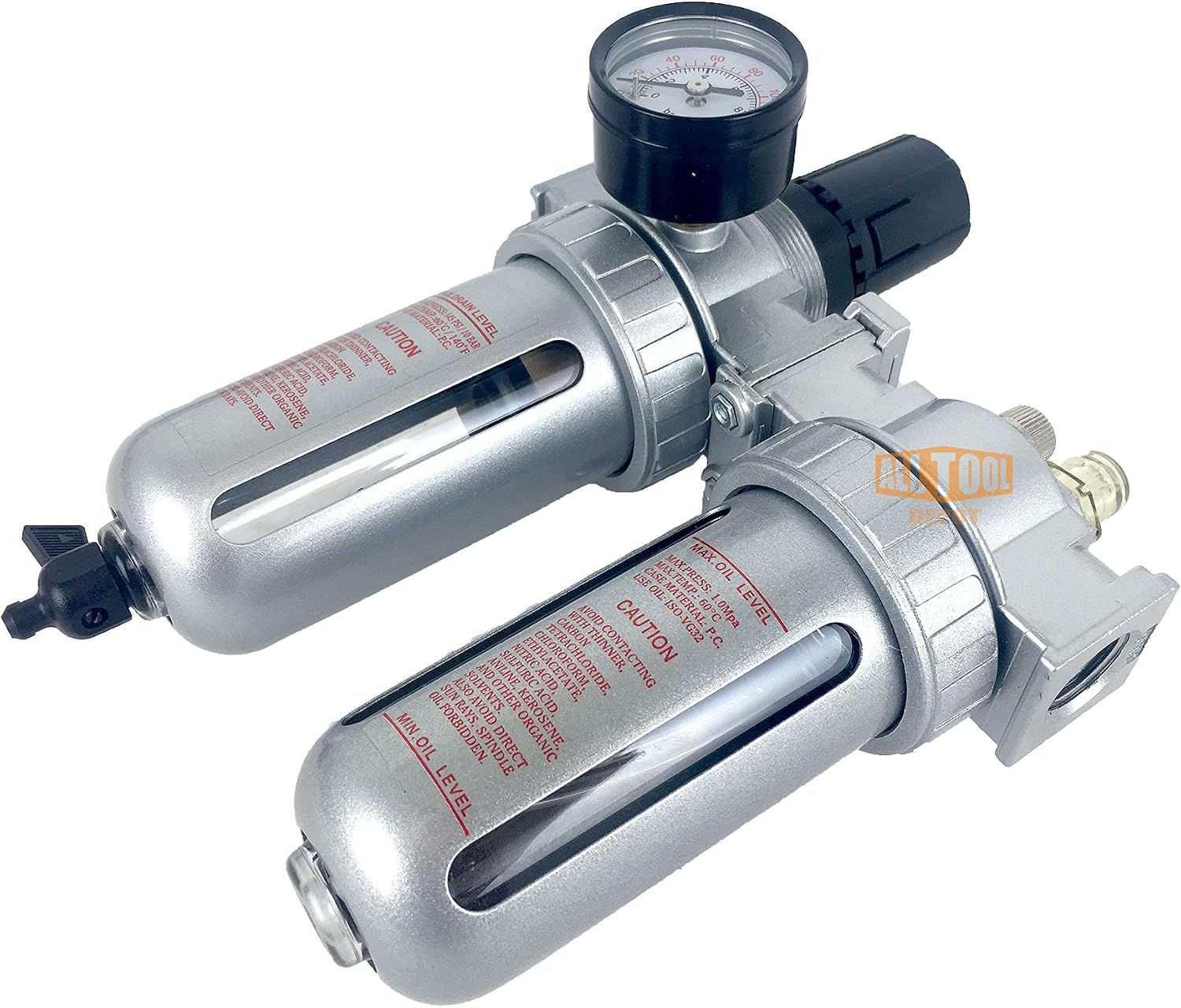 1/2" NPT Mid Flow Compressed Air In Line Filter Regulator Lubricator Oiler Combo Piggyback, Poly Bowl And Metal Body, 5 Micron Element, Adjustable From 7 to 145 PSI (MANUAL DRAIN)