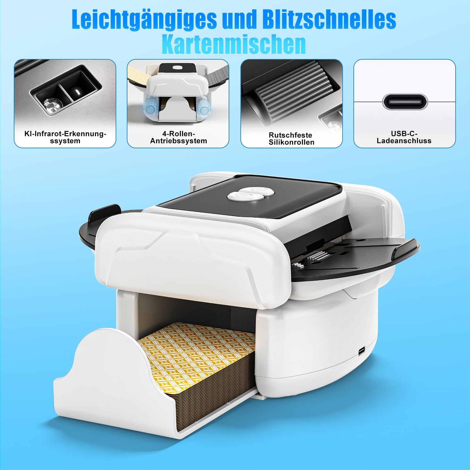 Naxudcoo Kartenmischmaschine: Automatischer Kartenmischer für 1-2 Decks, Kartenmischer mit Aufbewahrungstasche, Geräuscharmes Kartenmischgerät für Poker, Blackjack, Rommé, Phase 10, Partykartenspiele