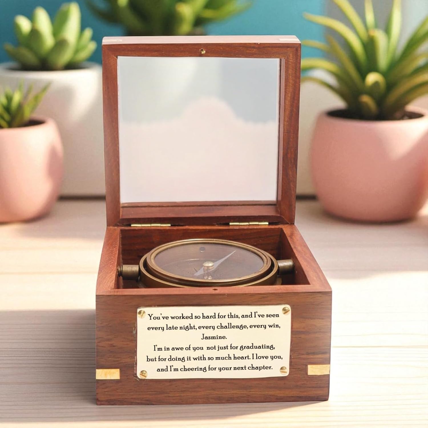 Antique Brass Gimbal Compass with Wooden Box – Personalized Engraved Compass Gift for Men – Custom Graduation, Father’s Day, Anniversary, Retirement Gift for Husband, Boyfriend, or Dad