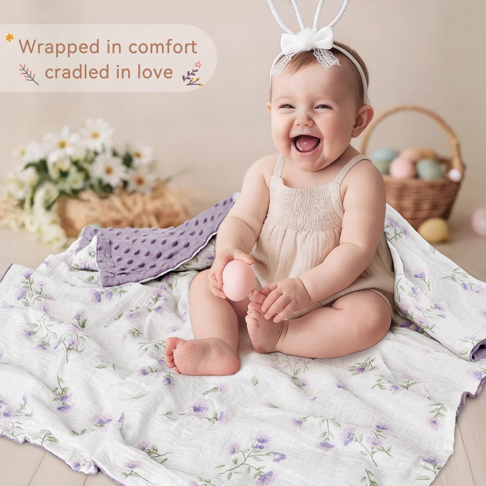 BOPRIO Mantas de bebé unisex para niños y niñas, supersuaves, con parte delantera de algodón de muselina transpirable y parte trasera de forro polar con puntos 3D, estampado floral, para recién nacido