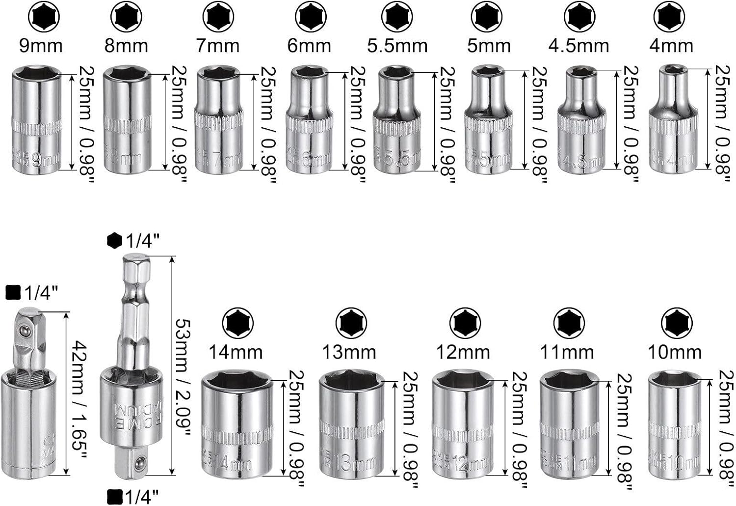 Toolparts And Accessories 1/4" Drive 4-14mm Shallow Socket Swivel Joint Hex Shank Impact Driver Set (#CN#130824-01710)