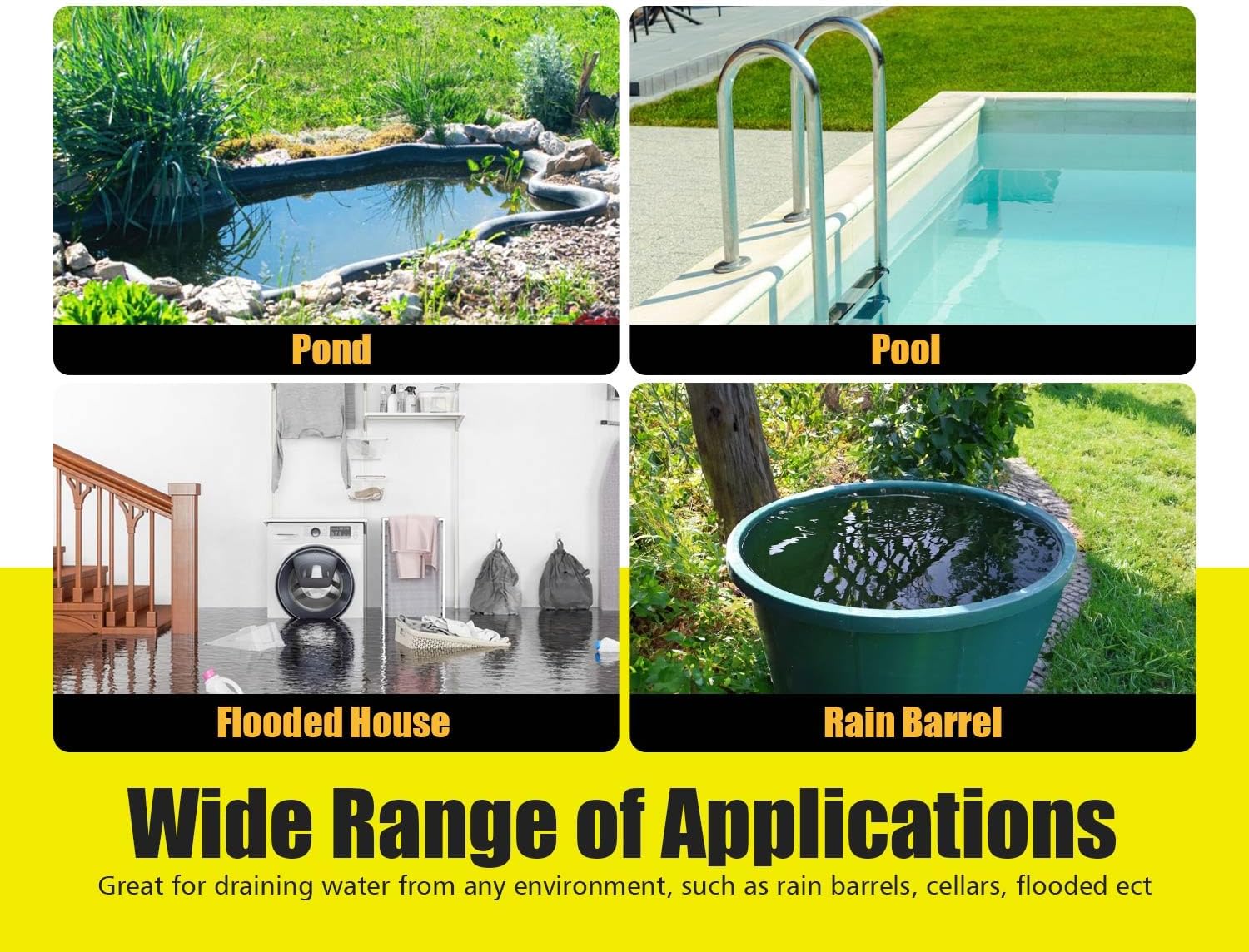 1.5 HP Submersible Water Pump and 25FT x 1-1/2” PVC Lay Flat Discharge Hose Draining Sump Pump Kit Easy to Use for Removing Clean/Dirty Water from Pool Pond Flooded Basement Rain Barrel