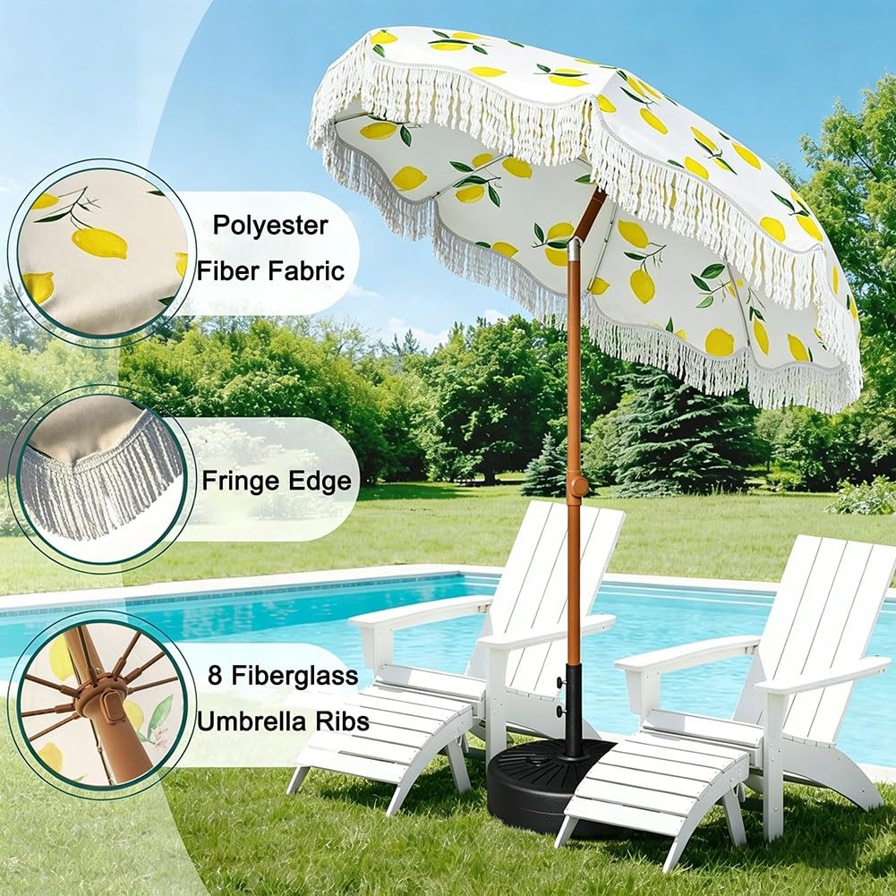 Sombrilla de Jardín de 200 Cm, Inclinable y con Borlas; Sombrilla de Playa con Estampado de Limones, Protección UPF 50+, para Patio o Piscina