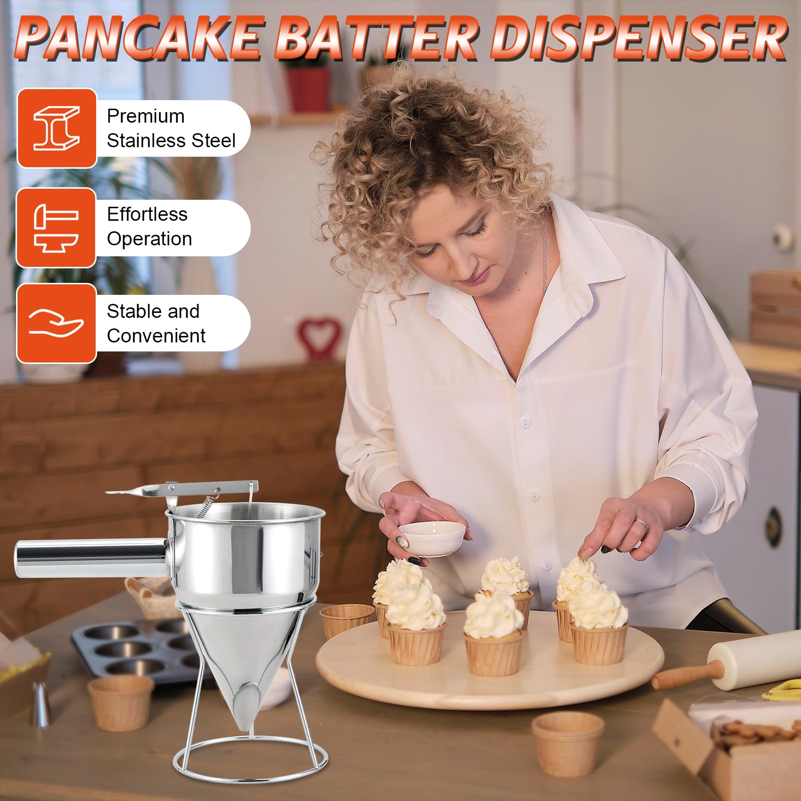 Dispensador de masa de panqueques de acero inoxidable de 40 onzas, dispensador de pastel de embudo de varios calibre con soporte, apto para panqueques, cupcakes, gofres y productos horneados 3