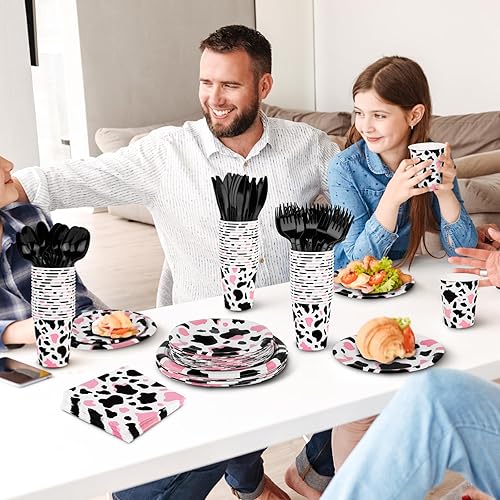 Miniatura 5 de durony Juego de vajilla de 350 piezas con estampado de vaca rosa, incluye platos de fiesta de vaca rosa vaquera, tazas, servilletas, cuchillos,