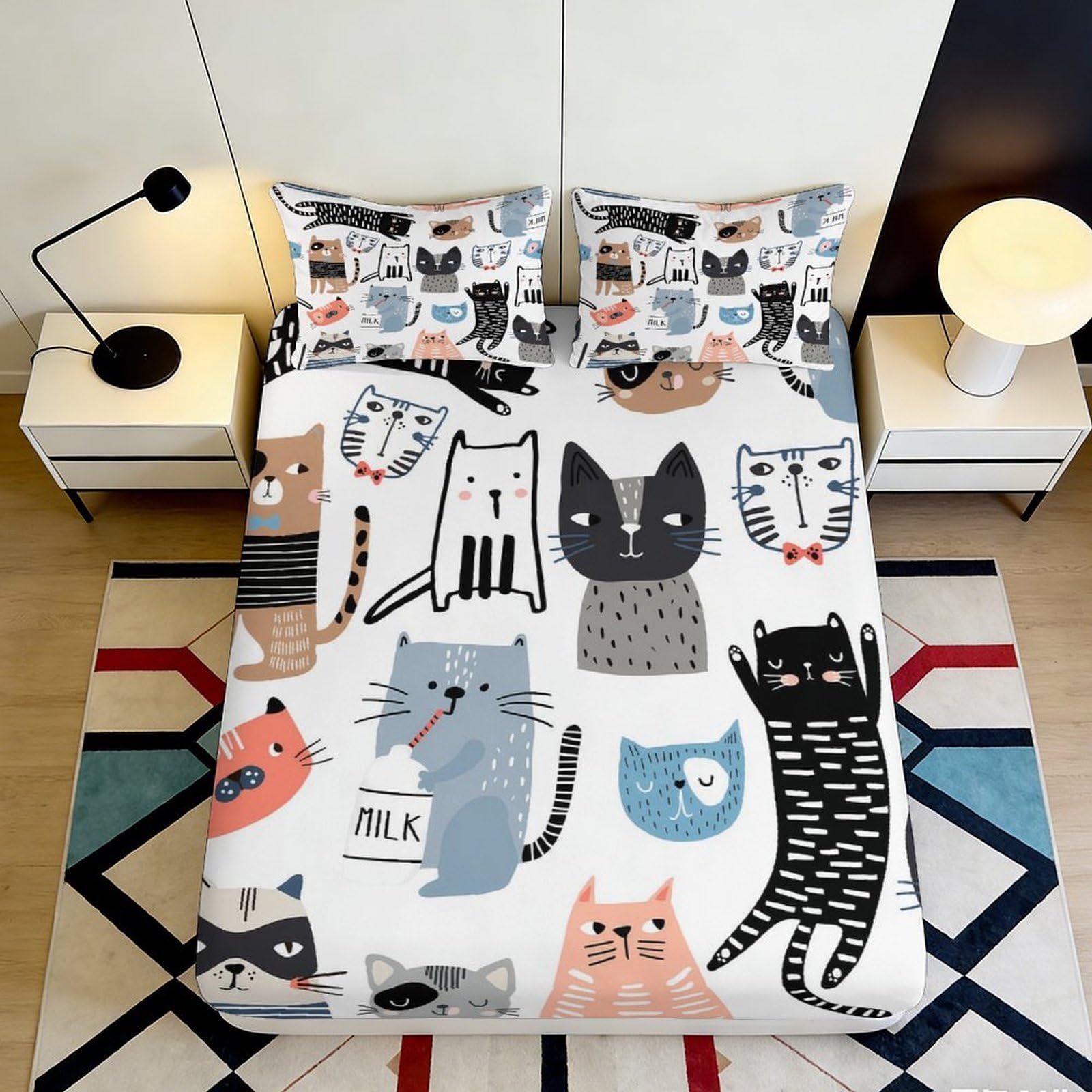 3D Printed Cartoon Cat Fitted Sheet Microfiber Soft Breathable Animal Pattern Mattress Cover for Bedroom Guest Room 90x200x25cm