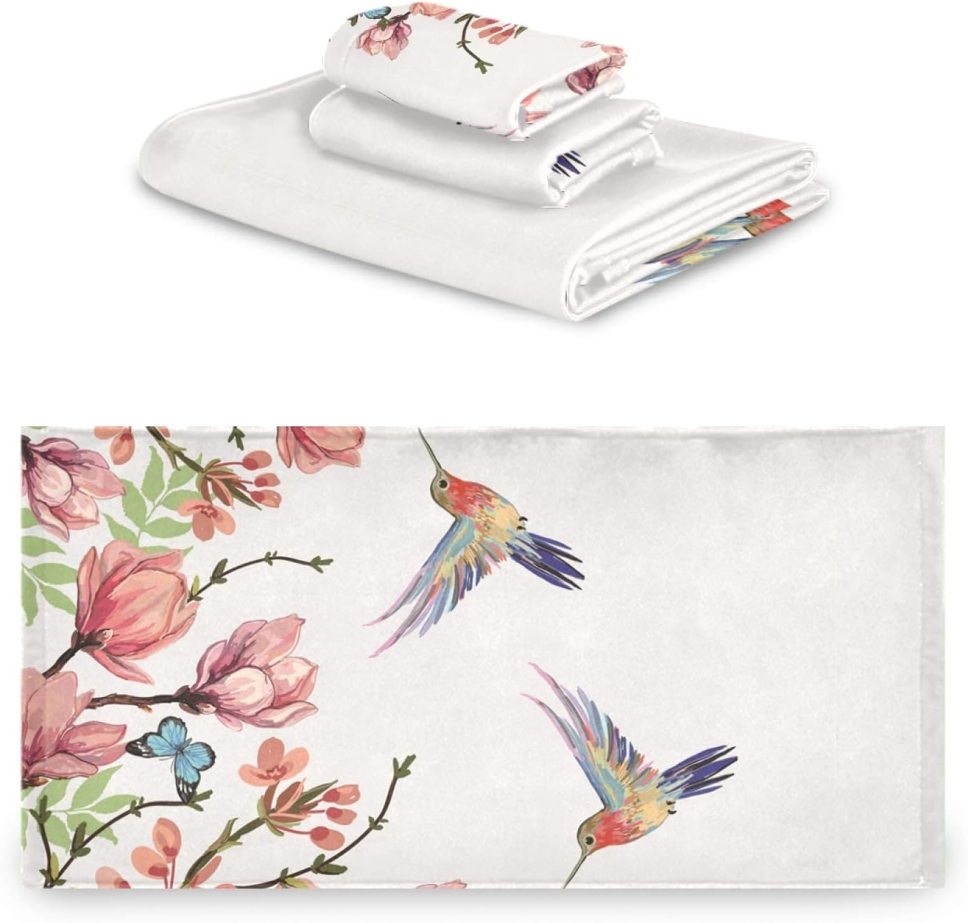 OTVEE Spring Bath Towel Set Hummingbirds Magnolia Butterfly Printed Hand Towels Set High Absorbent Fast Drying 1 Bath Towel 1 Soft Hand Towel 1 Thick Washcloth Decor Towel Set for Hotel Spa Gym