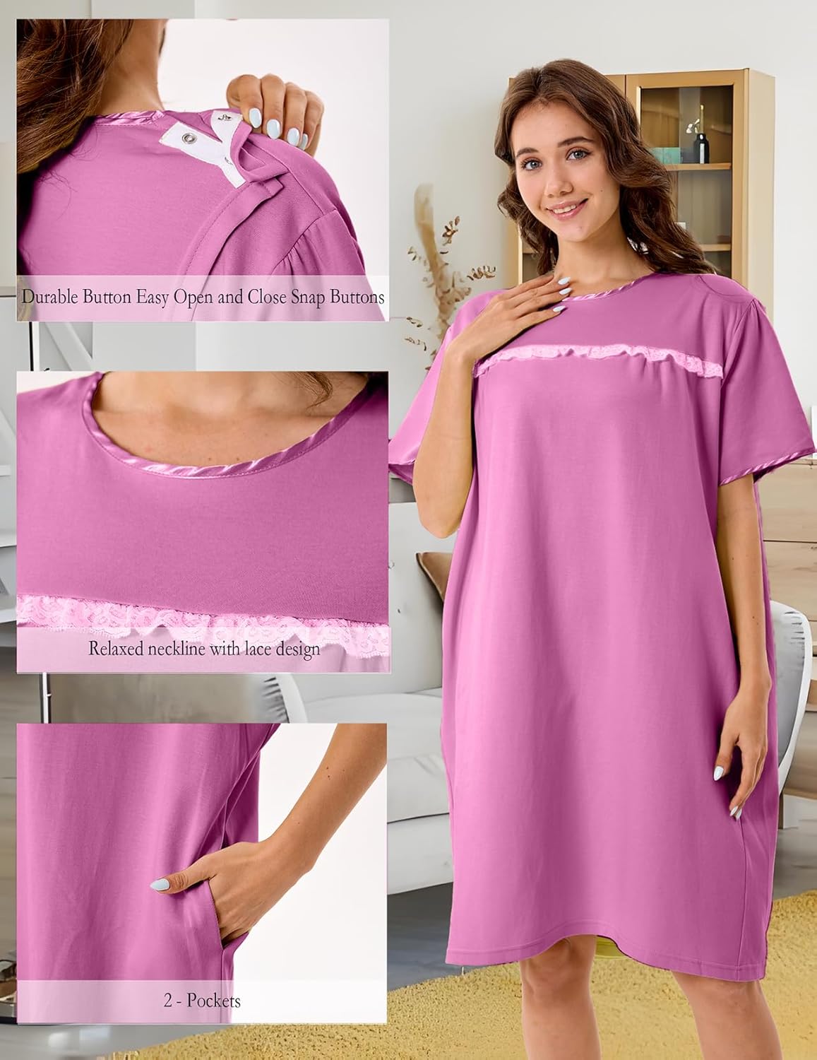 voeeron Hospital Gowns for Women Soft Short Sleeve Patient Gown Open Back Snap Adaptive Clothes with Pockets