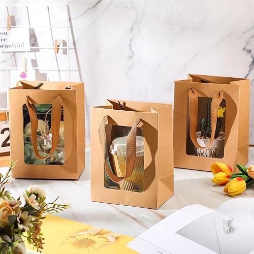 Miniatura 4 de Harloon 48 bolsas de regalo de papel de Navidad con ventana transparente transparente de 7.9 x 5.9 x 3.9 pulgadas, bolsas de papel kraft con asas