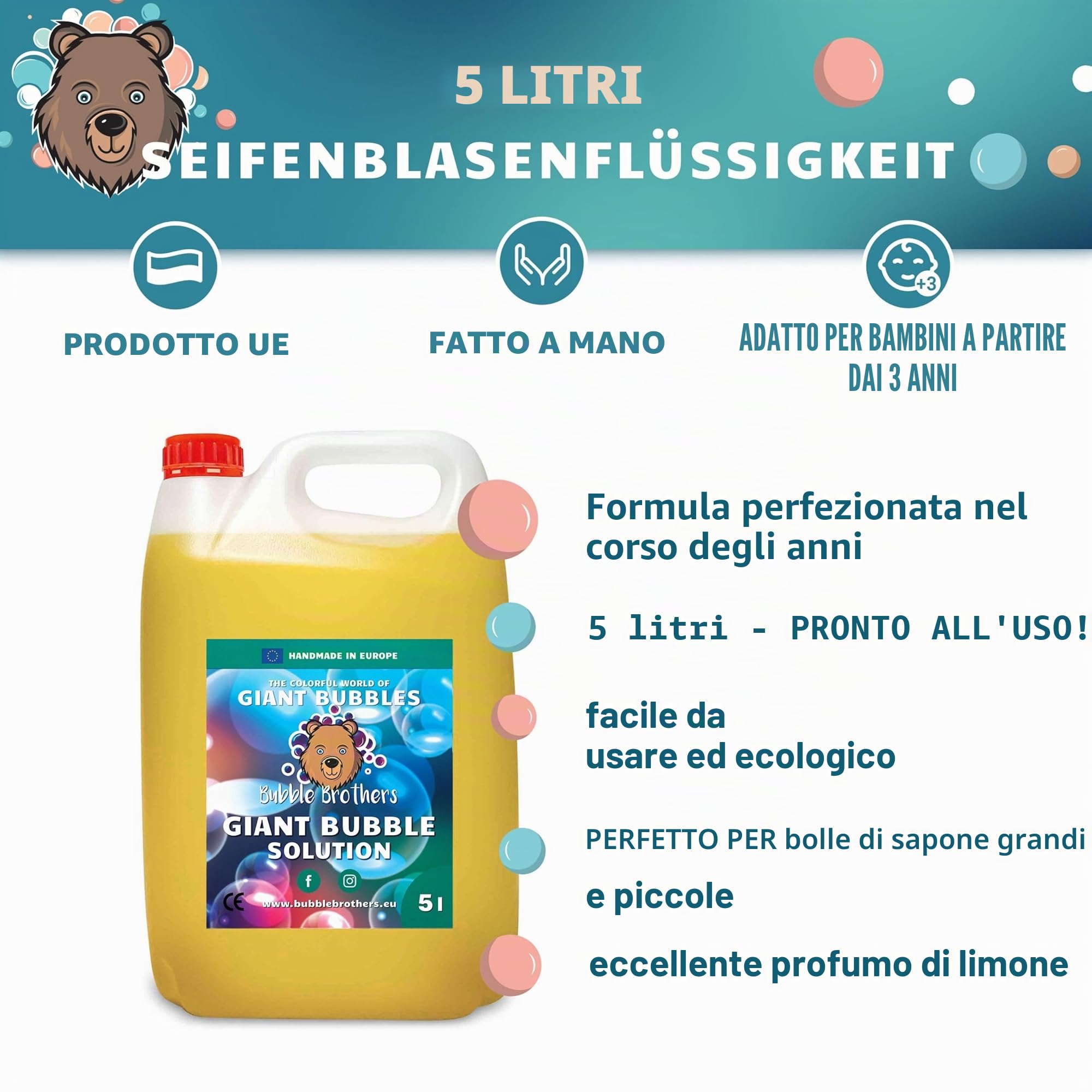 Bubble Brothers Set di bolle di sapone giganti – 8 bacchette per bolle di sapone + liquido per bolle di sapone 5 l – Bolle di sapone XXL per bambini e adulti – Giocattolo all'aperto per giardino