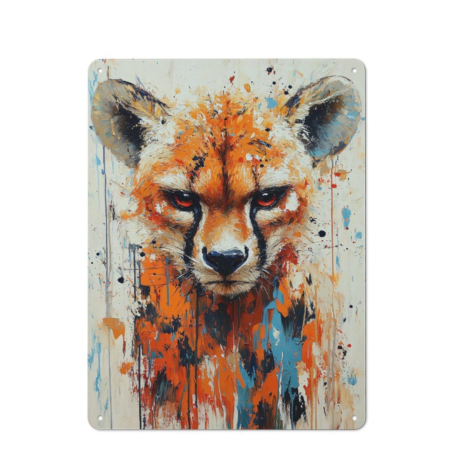 Junmoney Style-14 Loft Style Metal Wall Sign 40X30cm Featuring Abstract Cheetah Portrait, Studio Wall Art For Loft, Studio, Office Or Creative Room