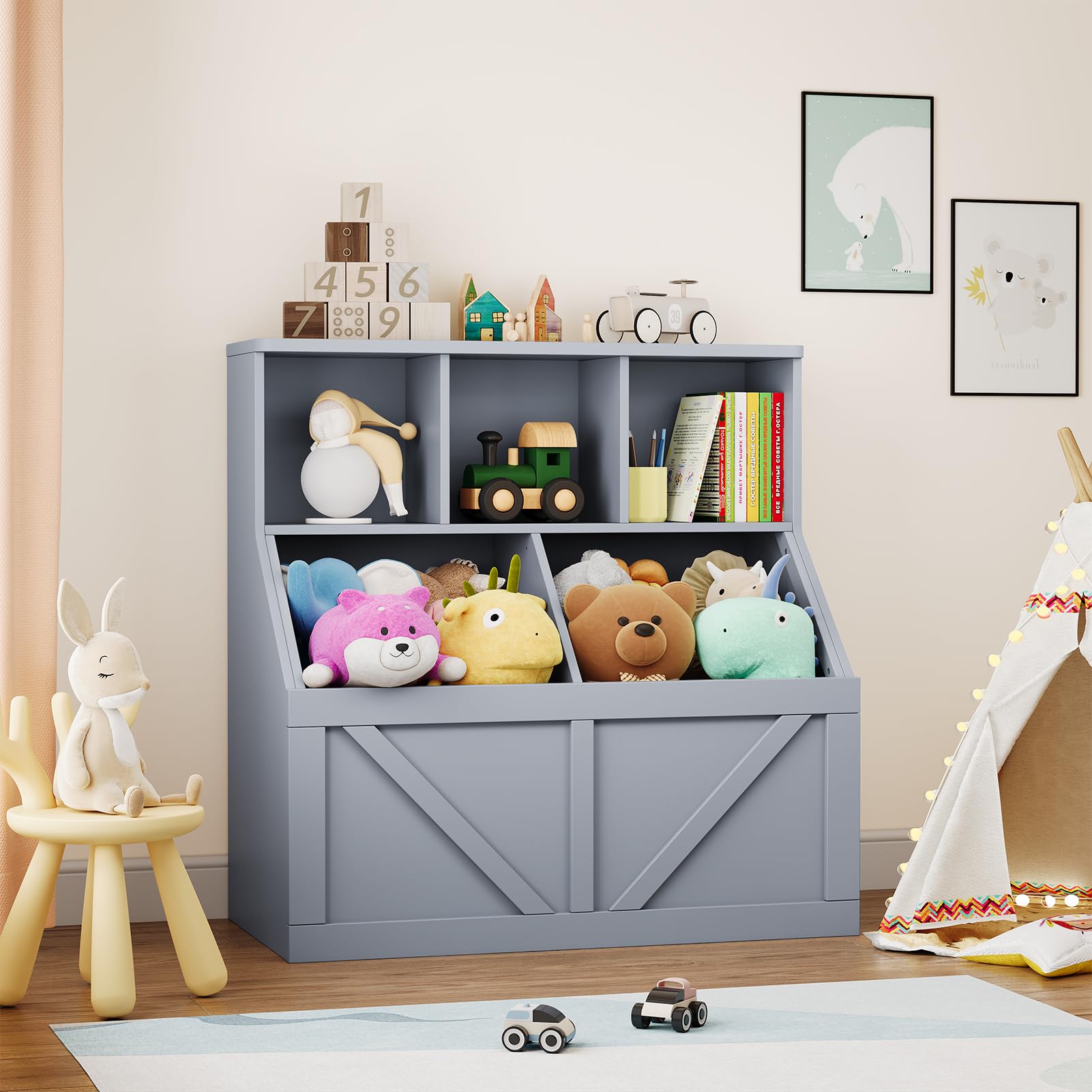 Kinder Spielzeug- & Bücherregal mit Aufbewahrung – Organizer mit Regal & Schrank für Spielzimmer/Schlafzimmer/Kita/Kindergarten, leicht aufzubauen – Farbe: Pure Gray