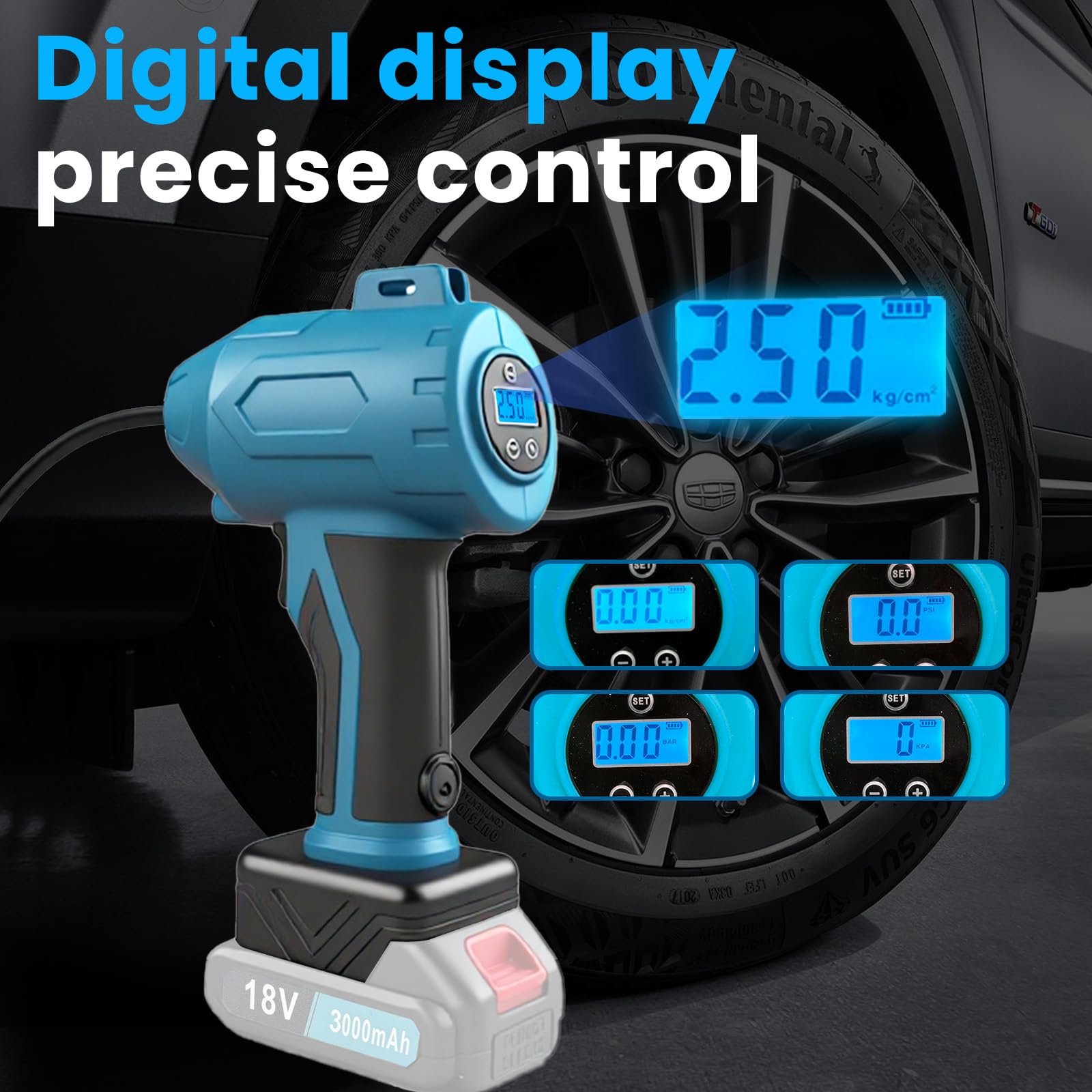 Akku Kompressor 11bar Autoreifen Luftpumpe mit Abschalautomatik und Manometer, 160 PSI Tragbare Fahrradpumpe Luftkompressor mit 12V Autostromkabel für Auto, Motorrad, Fahrrad