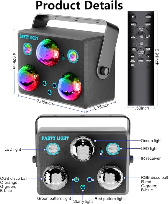Party Lights,Disco DJ Strobe Light Rave Stage Projector Effect Dance Club Light Sound Activated with Remote Control for Parties Home Show KTV Pub Dance Christmas