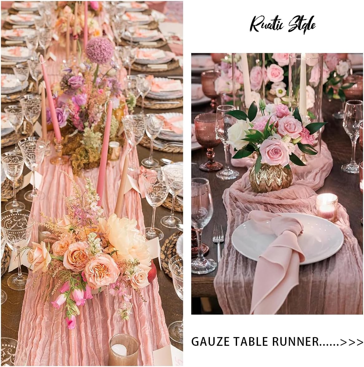 7 Pack Light Pink Cheesecloth Table Runners 35x120 Inch, Wide Pleated Boho Gauze Runner for Wedding Baby Shower Birthday Party, Semi-Sheer Rustic Table Decor