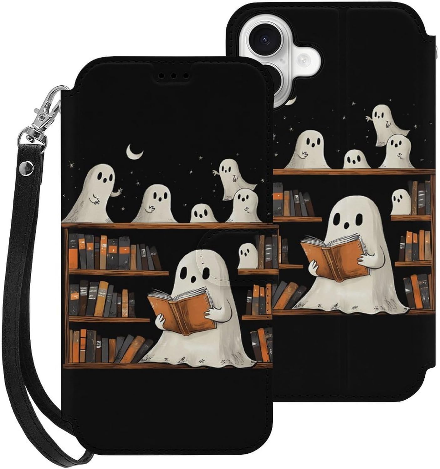 Cute Ghost Bookshelf Moon Compatible with iPhone 16/16 Plus/16 Pro/16 Pro Max/16 E Case Phone Wallet Card Holder Flip Cover with Wrist Strap