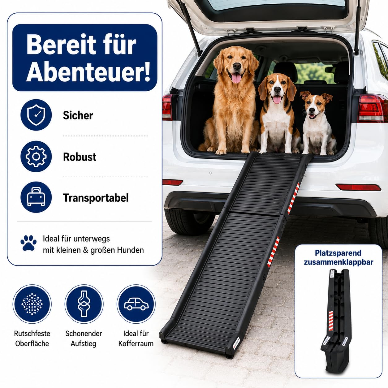 BITUXX® Hunderampe Auto klappbar bis 90 kg belastbar 155 x 39 x 9 cm | Einstiegshilfe Hund Antirutsch Oberfläche leicht zusammenklappbar Rampe für Hunde Autorampe