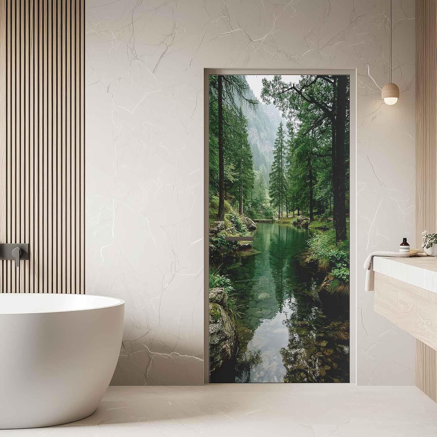 Pine Tree Door Mural, Reflection Lake Door Sticker, 3D Natural Landscape Wallpaper Peel and Stick Removable Decor, Decals Self-Adhesive PVC for Home Office 32" W x 80" L