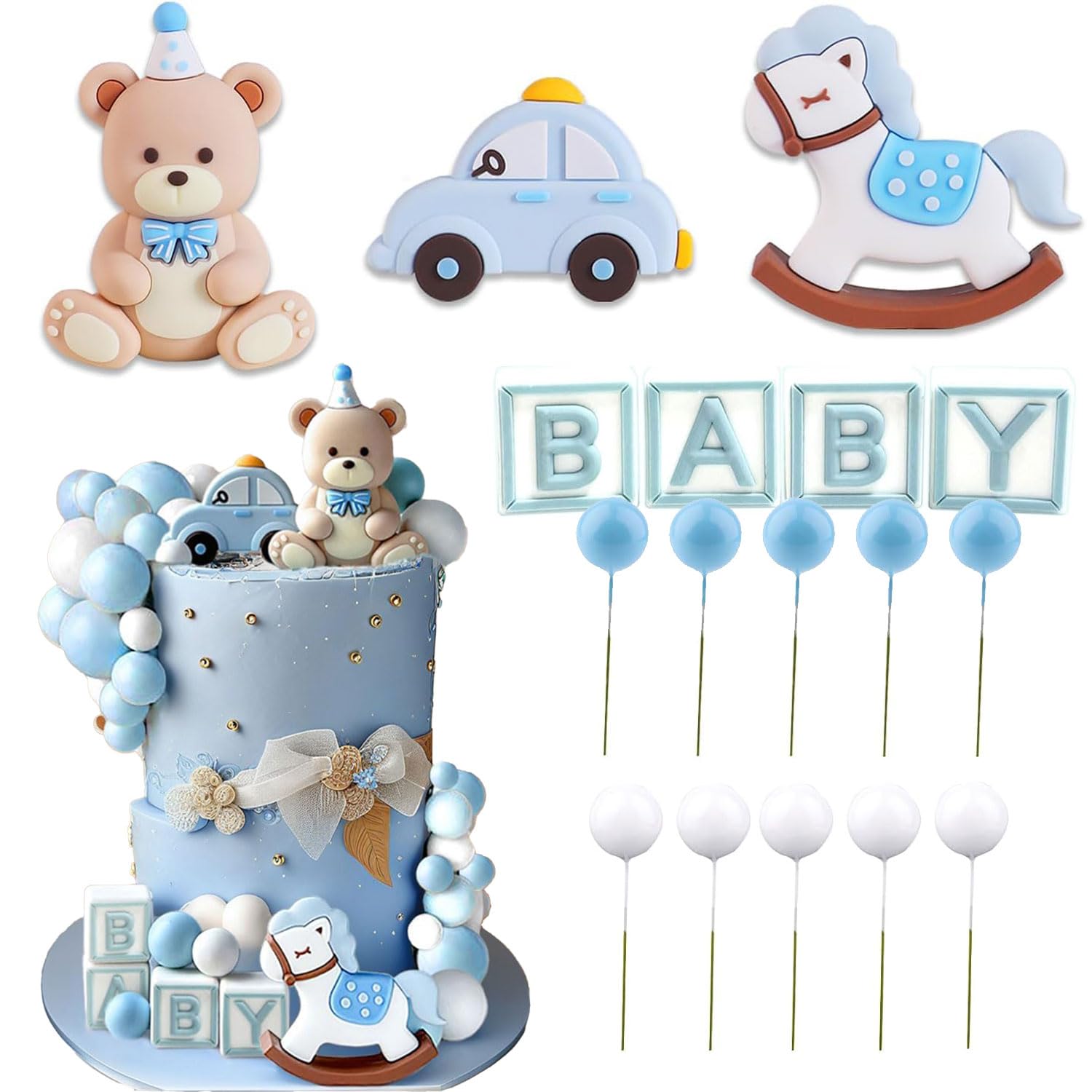 JDCMEI 14 Pcs Blue Bear Cake Decoration, Blue Teddy Bear Cake Decoration for Birthdays, Baby Showers, Gender Reveal Parties