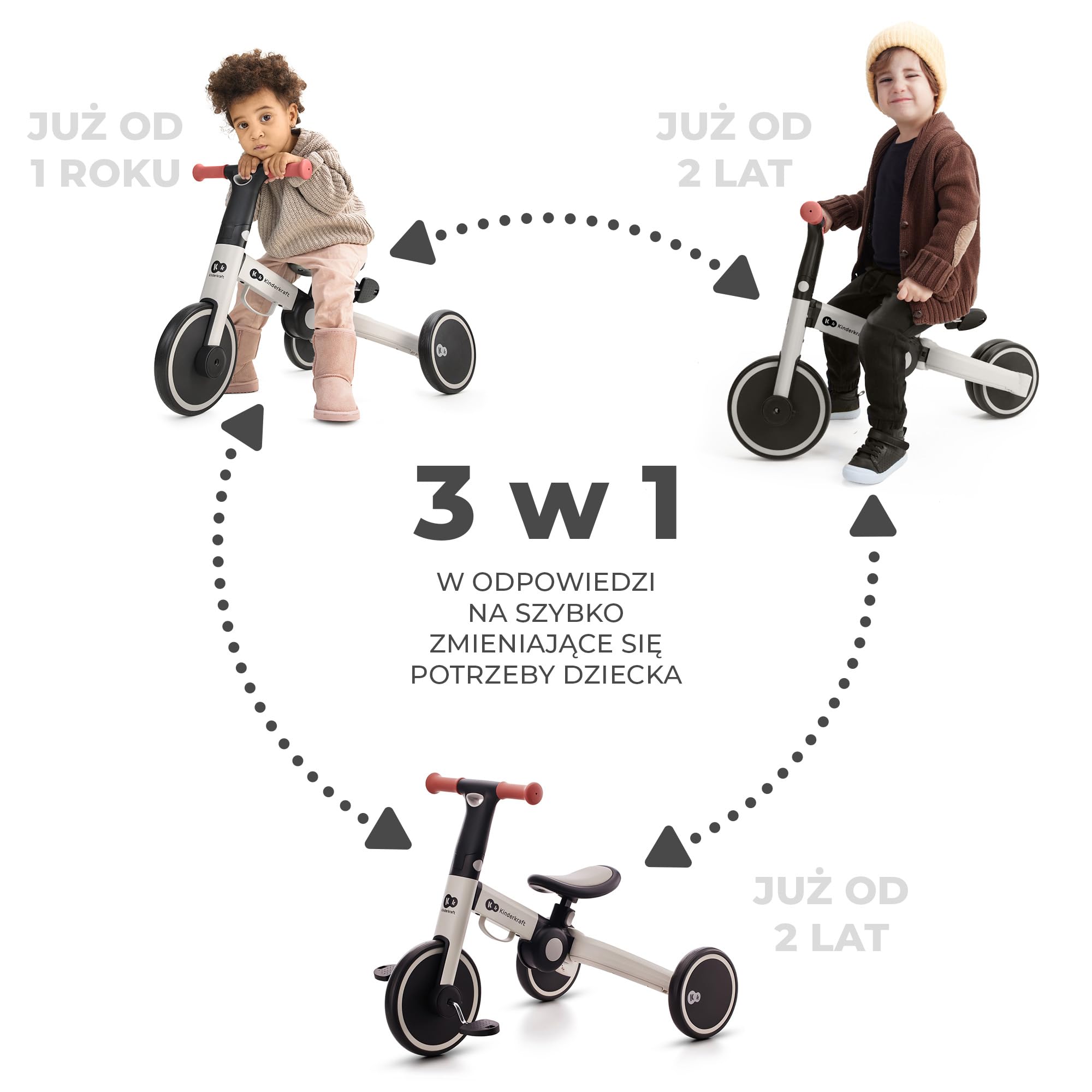 kk Kinderkraft 4TRIKE Trójkołowiec 3w1, Rowerek Biegowy, Pchacz, Wielofunkcyjny, Bezpieczny, Regulowane Siodełko, Szary