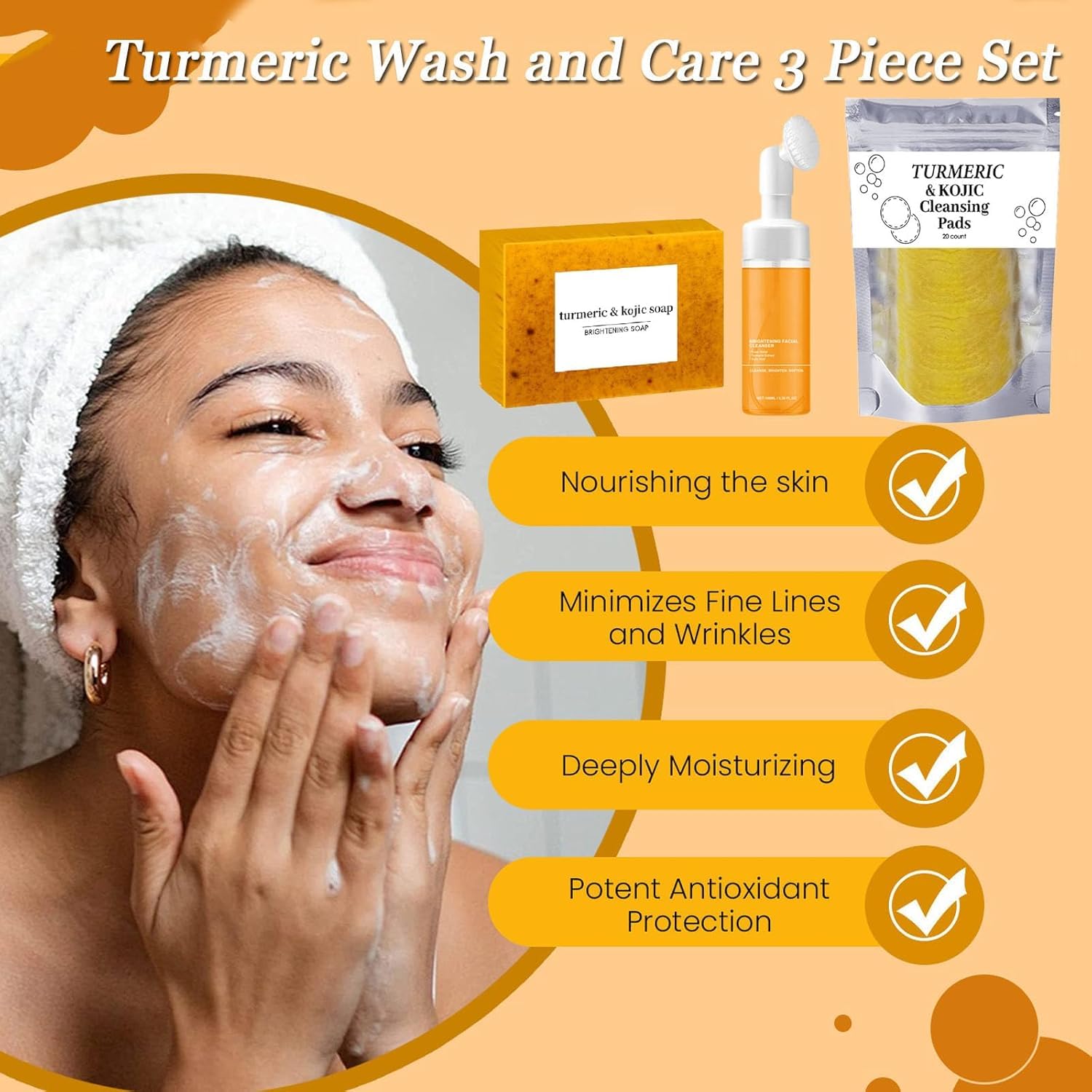 Turmeric Wash And Care 3 Piece Set, Turmeric Trio Facial Wash, Cleansing Mousse, & Soap, Jabon de Curcuma, Deep Cleansing Exfoliating Moisturizing Skin Care Set for Face & Body (3Sets, 3)