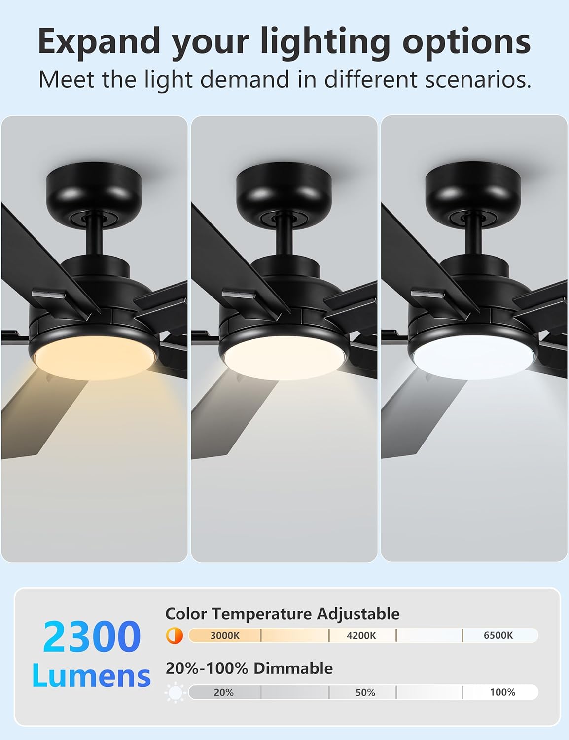 Modern Ceiling Fans with Lights - 52 inch Black Outdoor Ceiling Fan with Light and Remote, Reversible DC Motor, 6-Speed Quiet 3CCT LED Dimmable for Bedroom, Indoor and Outdoor, Patios , ETL Listed - Image 9