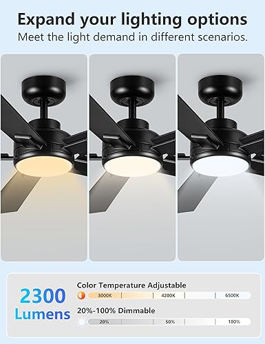 Miniatura 9 de Ventiladores de techo modernos con luces, ventilador de techo negro de 52 pulgadas para exteriores con luz y control remoto, motor CC reversible, 6