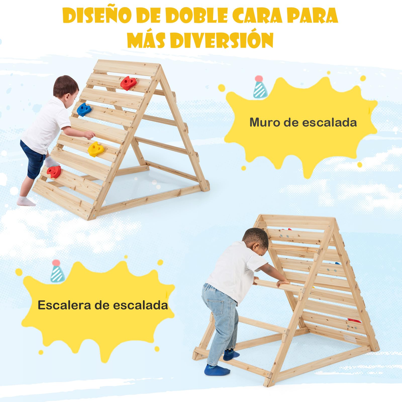 COSTWAY Triángulo Escalada para Niños, Escalador Triangular de Doble Cara con Coloridas Rocas y Escaleras para Escalar, Triángulo de Aprendizaje Montessori para Niños de 3-8 Años, Natural
