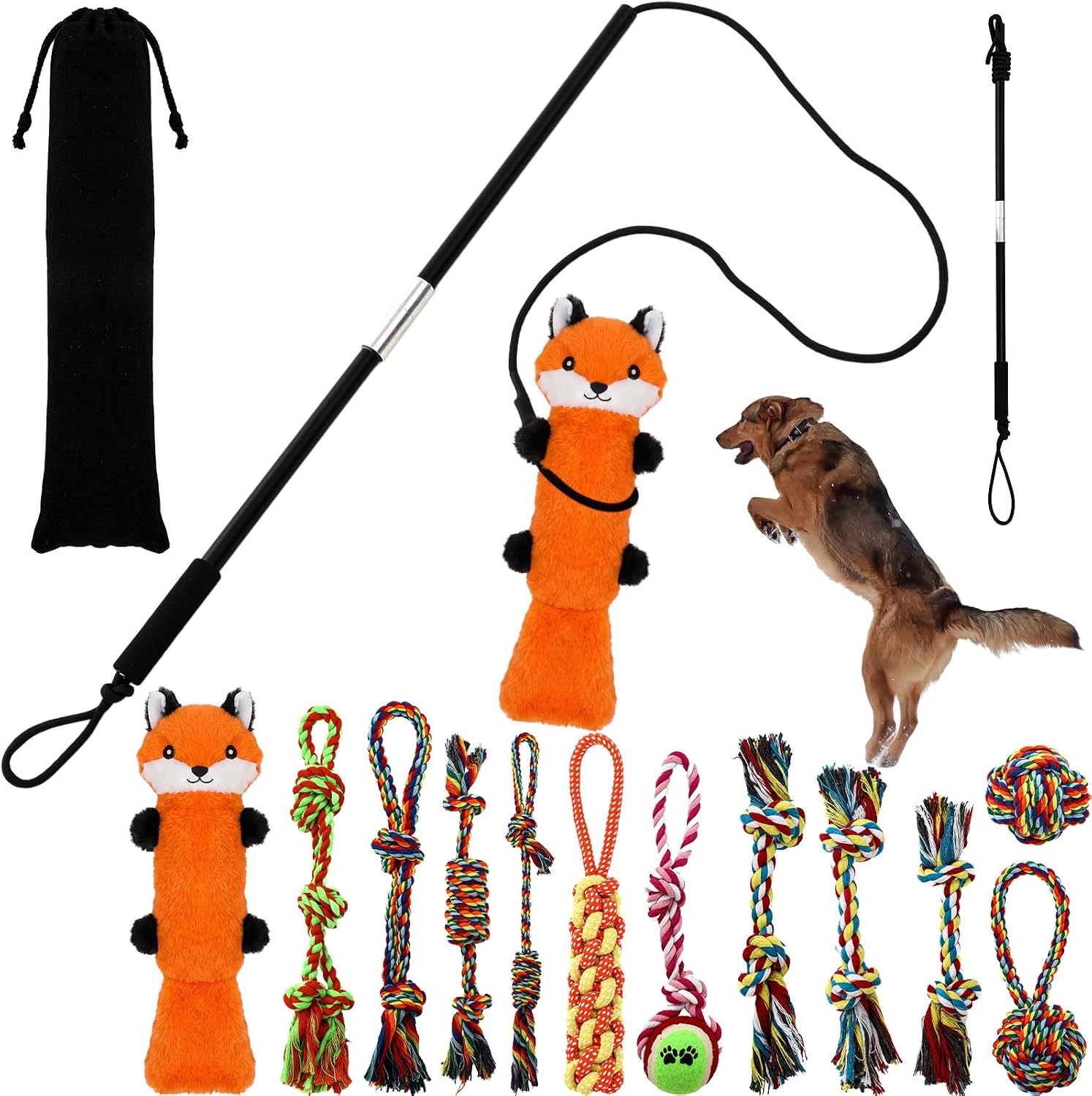 12 Pack Flirt Pole for Dogs, Interactive Toys Tug-of-war for Pet, Durable Teaser Wand, Chase Toys with Rope Chewing Sticks, for Outdoor Exercise & Training
