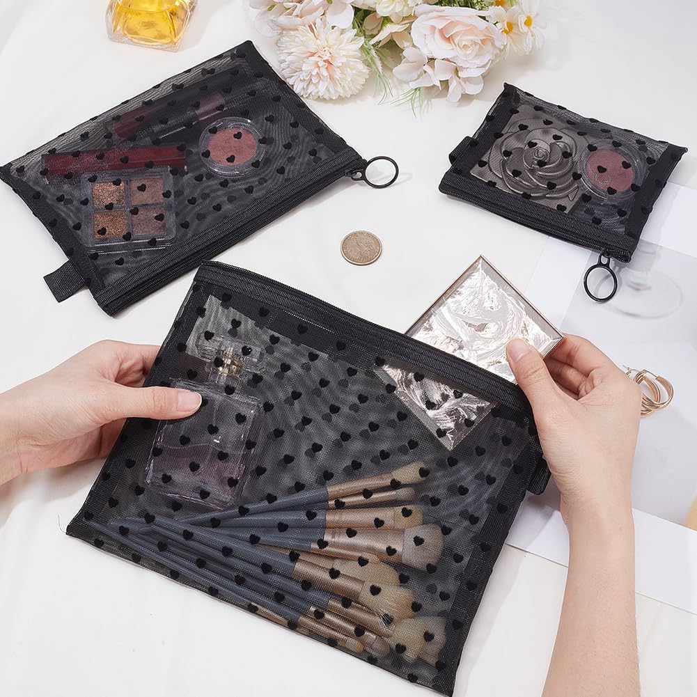 3Pcs 3 Styles Small Mesh Makeup Bags for Purse Mini Nylon Cosmetic Bag Black Hearts Printed Zippered Toiletry Organizer Case Holder for Bag Handbag Beauty Home Office Lipstick Brushes Travel image 3