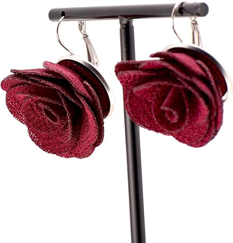 Miniatura 5 de Joseph Brother Big Rose Flowers Earrings for Women Leverbacks, Wine Red