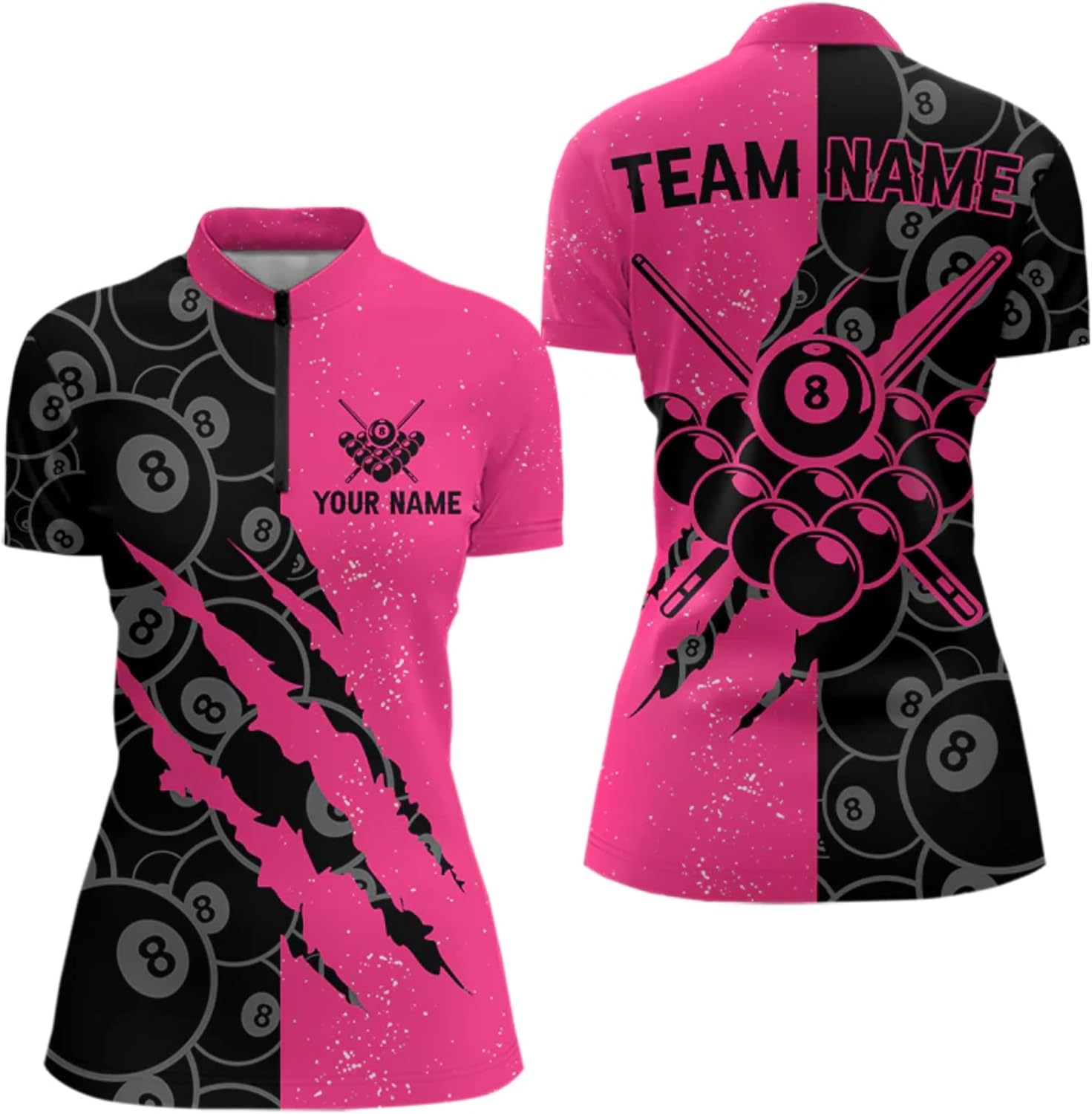 Custom Grunge Pink Black 8 Ball Pool Billiard Shirt for Men Women, Billiard Team Jersey Polo & 1/4 Zip