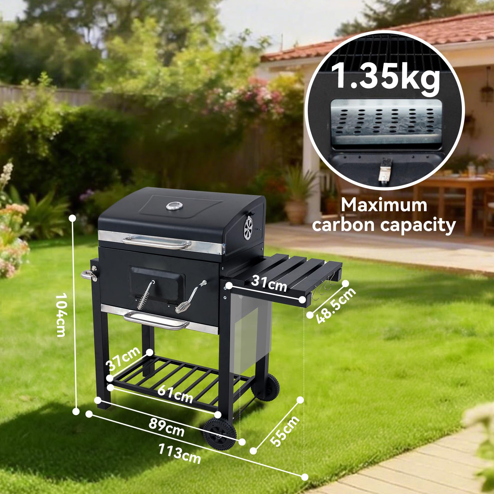 Grill na węgiel drzewny, grill z pokrywką, powierzchnia grillowania: 56 x 42,5 cm, patelnia węglowa z regulacją wysokości, składany stół boczny, z pokrowcami na grilla, wodoodporny