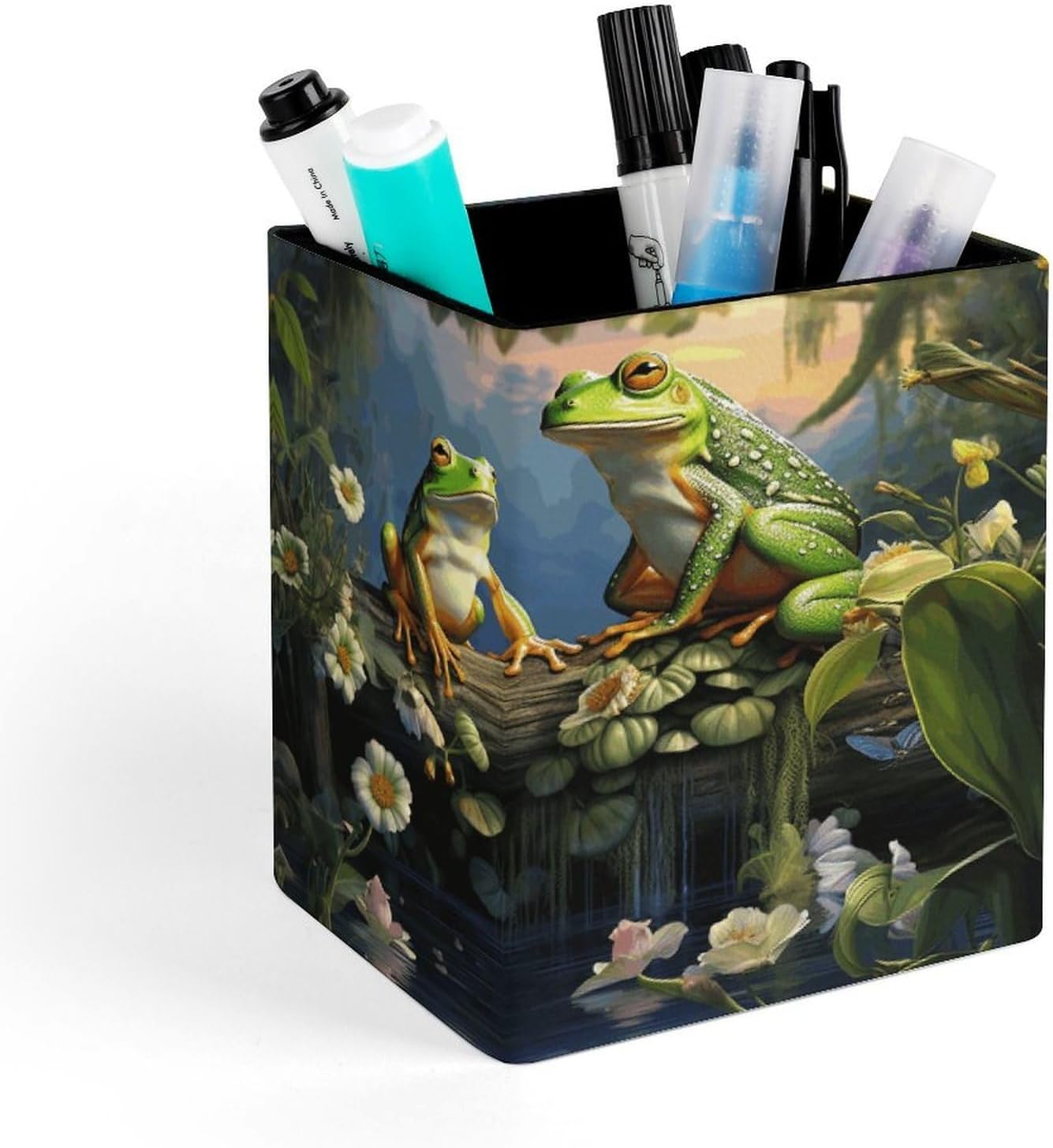 PU Leather Pencil Holder Frogs Sing Pen Holder for Office Desk Accessories & Workspace Organizer Square Pencil Cup with Non-slip Bottom for Home Bathroom Conference Room