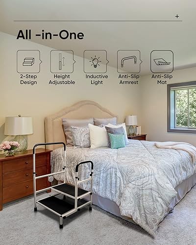 Miniatura 2 de HEAO Taburete de cama para cama alta para ancianos barra de asistencia de cama ajustable en altura con pasamanos taburete de noche incluye manta luz