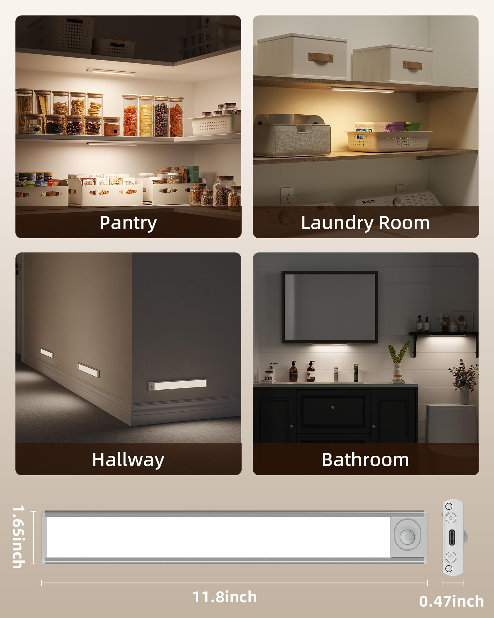 Iluminación para debajo del gabinete inalámbrica, batería recargable con sensor de movimiento, luces LED para armario, carga USB, 3 colores regulables, luces para debajo del gabinete para cocina,