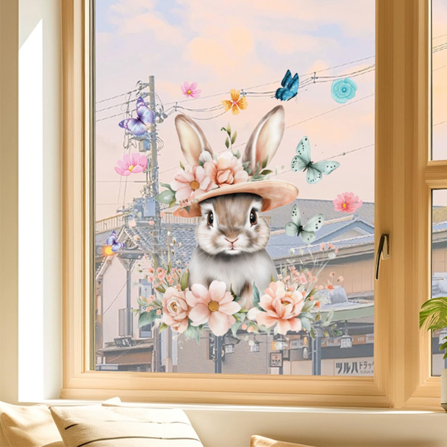 Summer Window Clings with Bow Flower Design Double-Sided Window Stickers Reusable Rabbit Window Decals for Spring Party Holiday Home Office School Shop Glass Decorations 1 Sheet