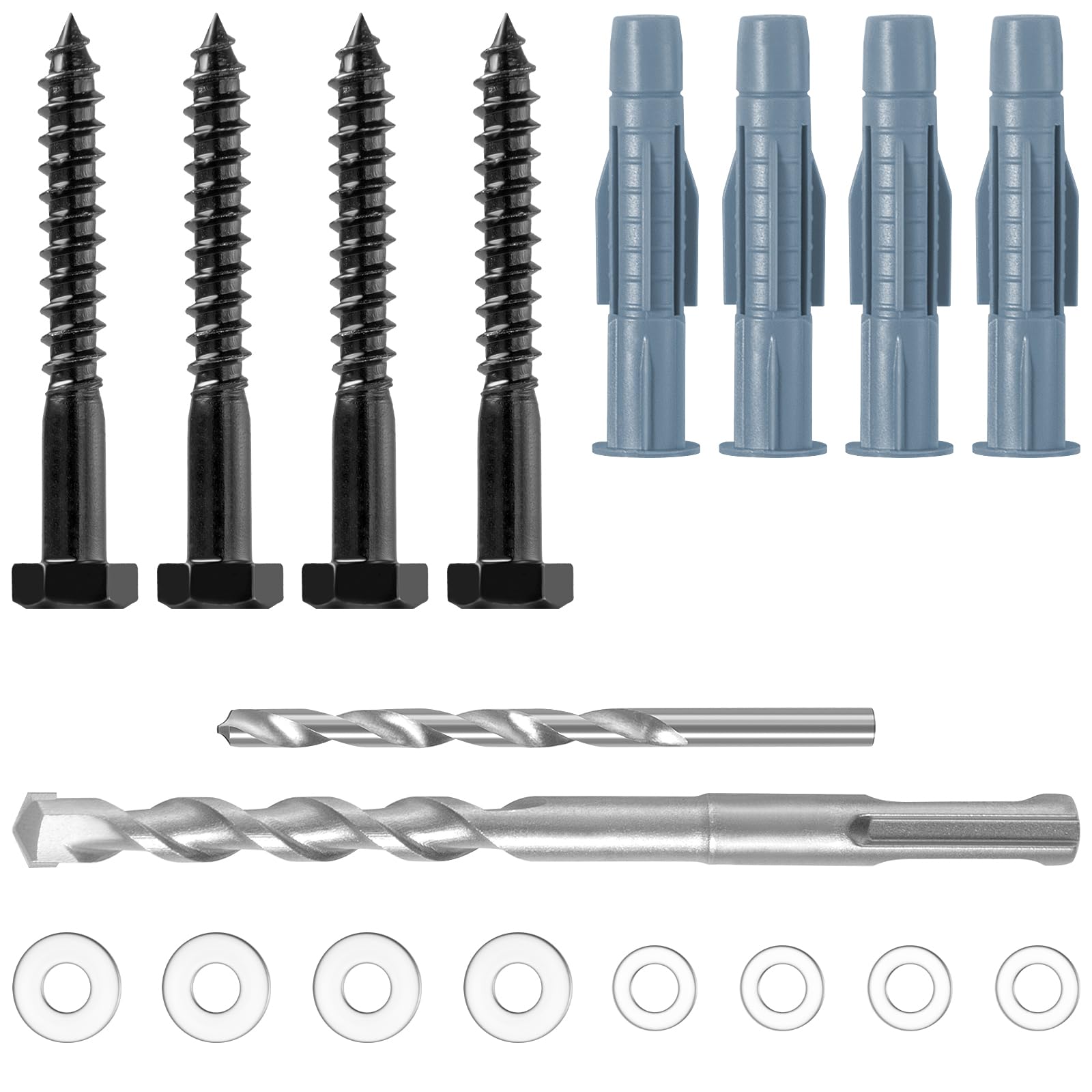 FandWay M8 Lag Bolt Wall Plug Kit,Black Heavy Duty Fixing Screws 304 Stainless Steel Coach Screws With Anchors 2 Drill Bits Washers For TV Mounting Bracket Water Heaters Cabinet Installation - Image 2