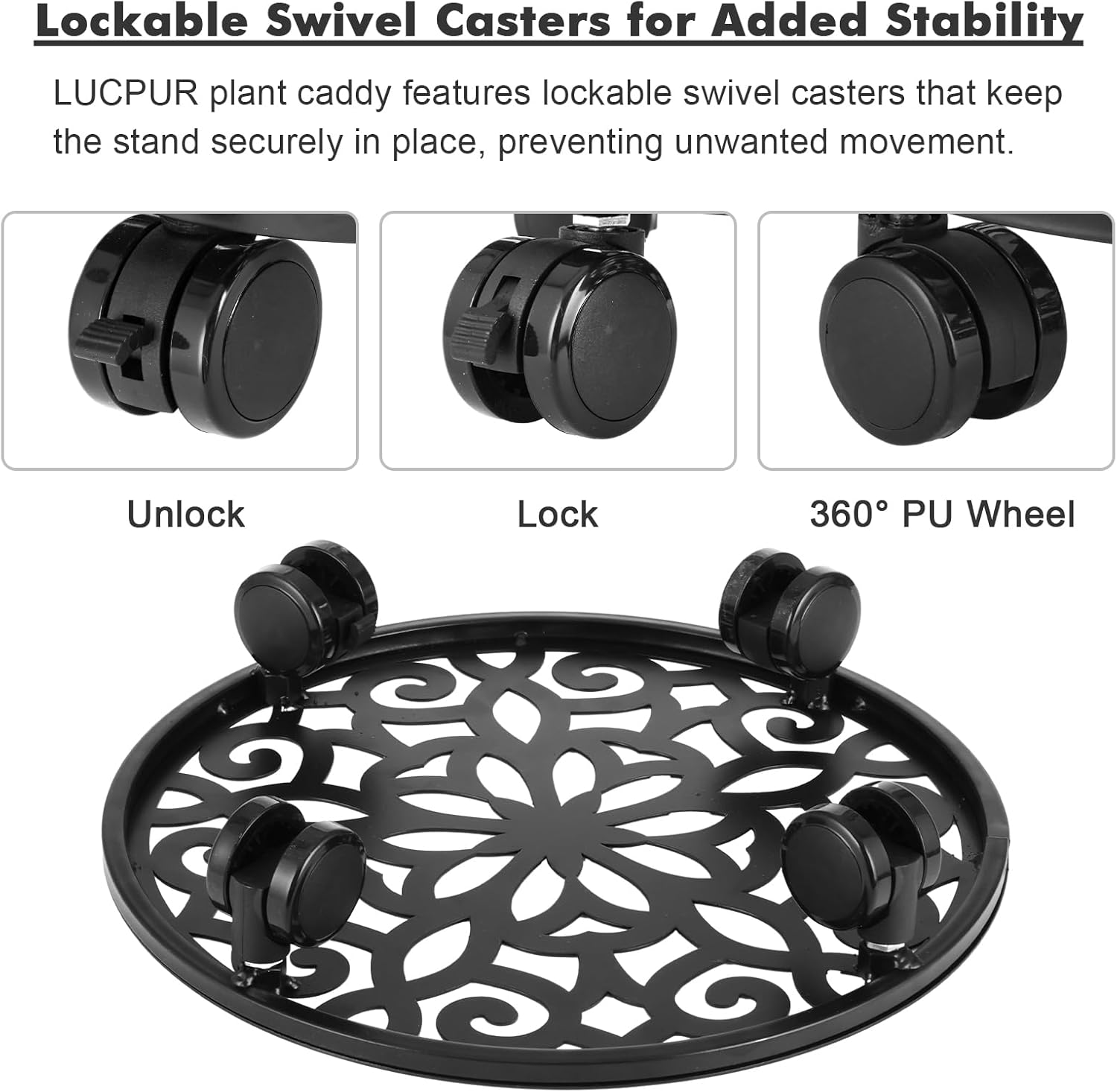 Plant Caddy with Wheels, 3 Pack 12” Rolling Plant Stand Plant Rollers Heavy Duty Plant Dolly with Casters Indoor & Outdoor Wrought Iron Metal Plant Tray with Lockable Wheels for Large Flower Pots