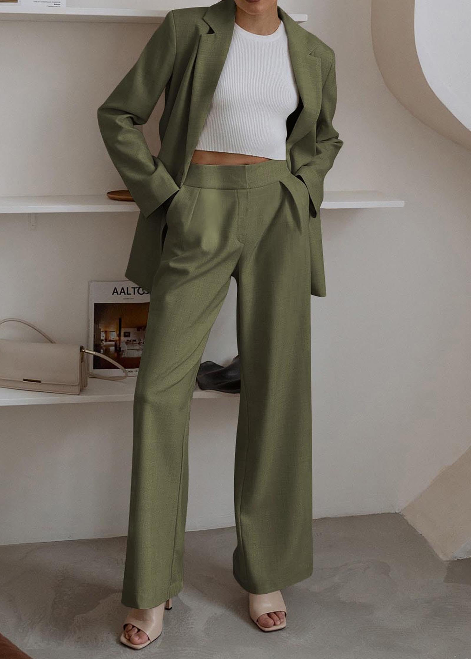 2-teiliges Outfit für Damen, eleganter Blazer, lässig, locker, langer Blazer, Jacken und elegante Hosenanzüge mit weitem Bein und Taschen