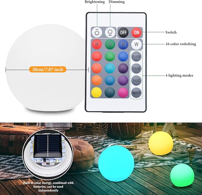 Generic 16-kleuren Solar Garden Ball Lights - Oplaadbare Waterdichte Outdoor Globe Lamp met Afstandsbediening Slagvast Nachtlampje voor Gazon, Patio & Vijver - 20,3 cm Diameter photo 2