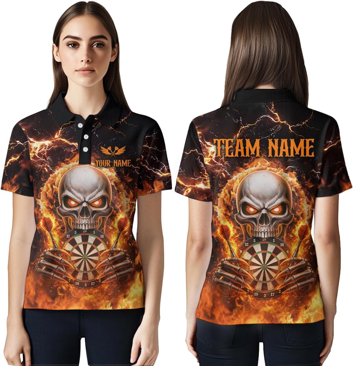 Flaming Skull Dart Shirt for Team Men Women Custom Dart Shirts Skull Dart Jersey Dartboard Shirt Polo and Quarter Zip Shirt