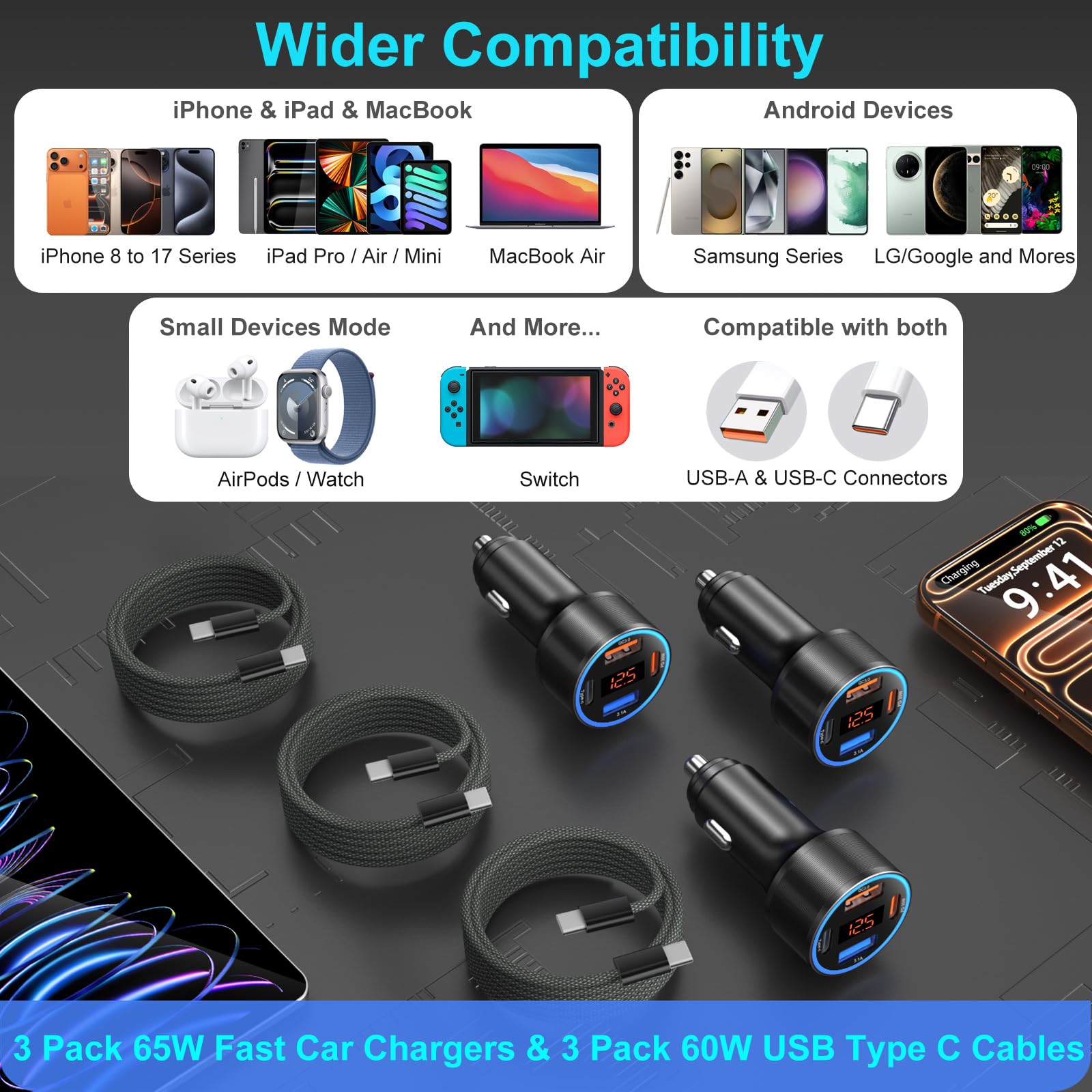 65 W 4-portowa ładowarka samochodowa USB C super szybka typu C do Galaxy S25/S24/S23/S22 Ultra/iPhone 17/16/15, 3-pak QC i PD 3.0 szybkie ładowanie Android ładowarka samochodowa adapter do zapalniczki