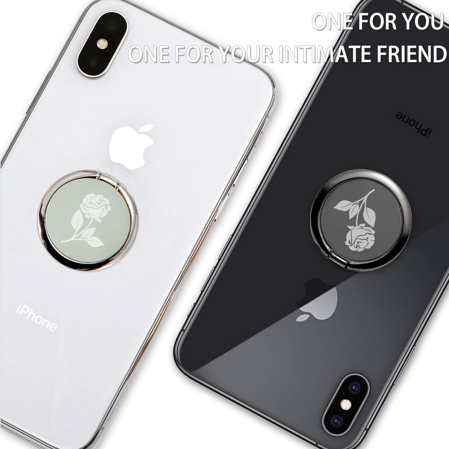 KETIA Phone Ring Stand Holder -for Free Hook Mount Accessories -[2 Pack] -Rose Pattern-Enhancing adsorption Capacity-360°Rotation 180°Flip Cell Phone Finger Kickstand (Black+Silver)