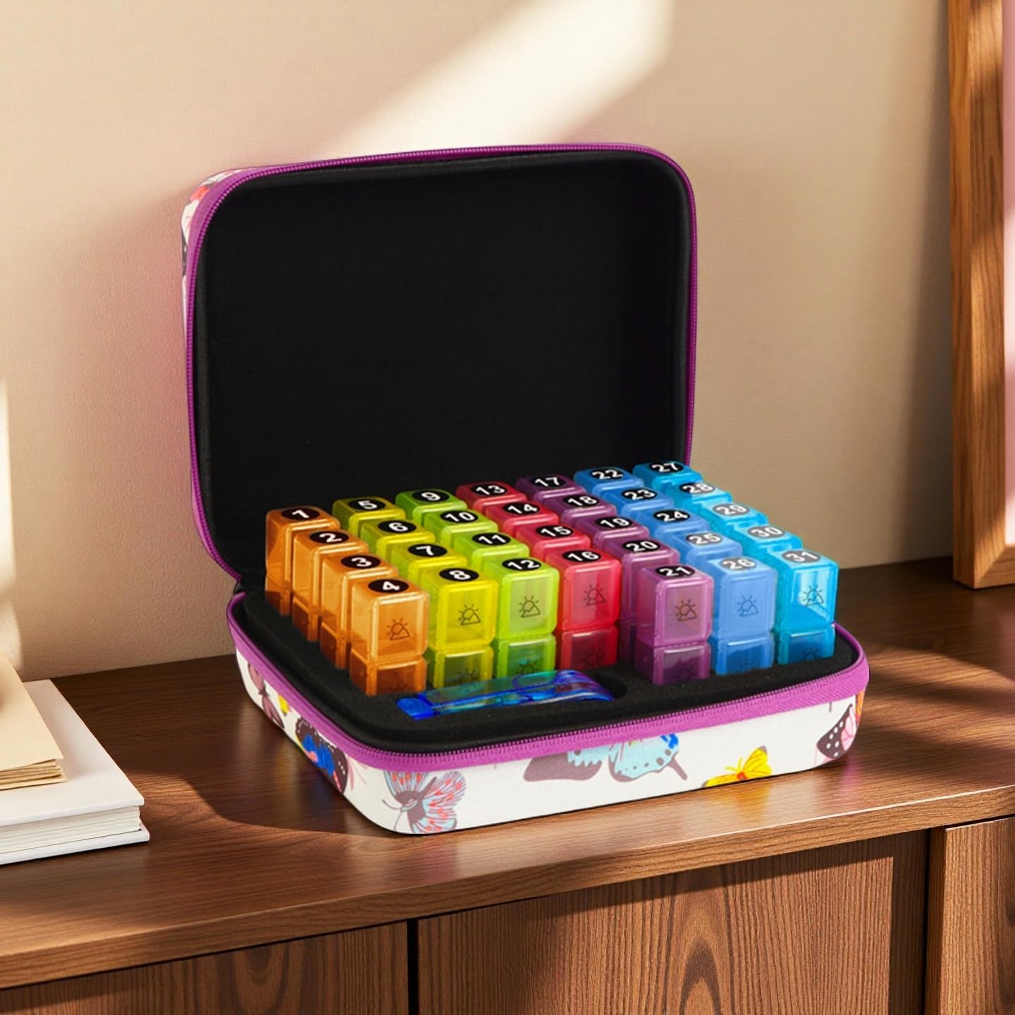 31-Day Monthly Pill Organizer with 3 Daily Compartments, Travel Medication Box with Pill Cutter, AM PM Storage Case (Butterfly 31-Day Medicine Storage Box)